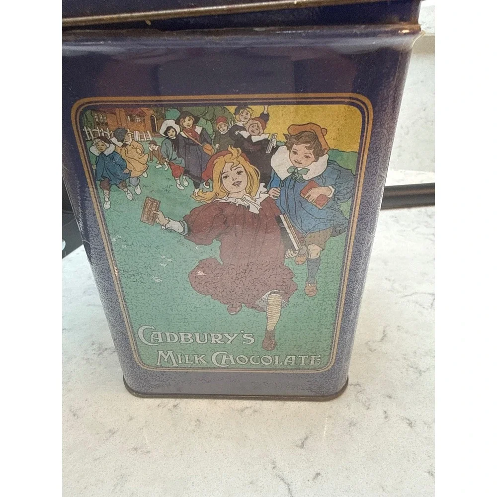 Vintage Cadbury Almond Joy Chocolate Tin Blue‎ Victorian Illustration 12oz Box